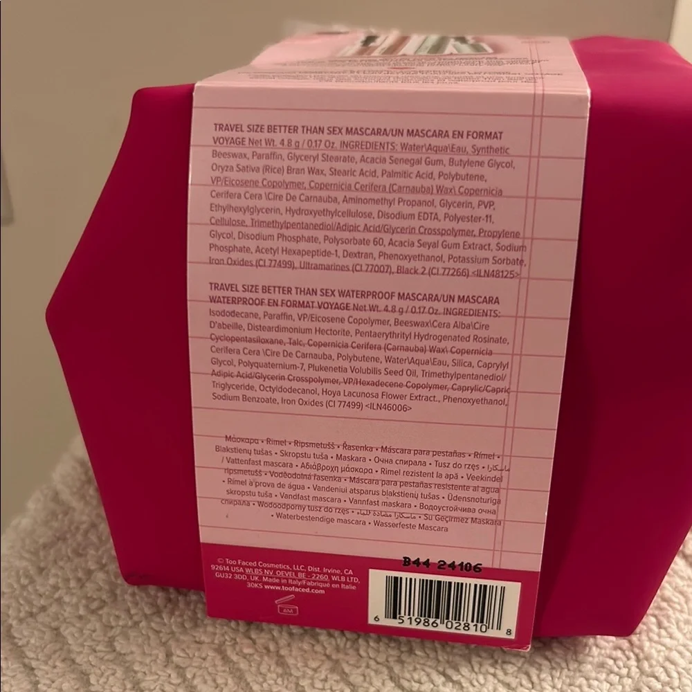 Too Faced Beauty Essentials Better Than Sex Travel Size Mascara Set Pink Bag